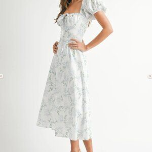 Princess Blue Floral Print Puff Sleeve Midi Dress (L)| Easter Church Dress